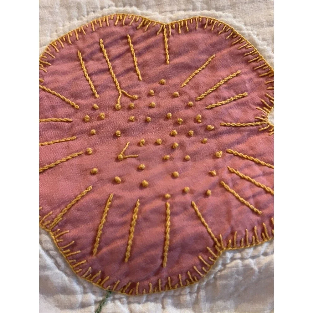 Vintage 1970-1980’s Flower Appliqué Hand Sewn Quilt 82x94”